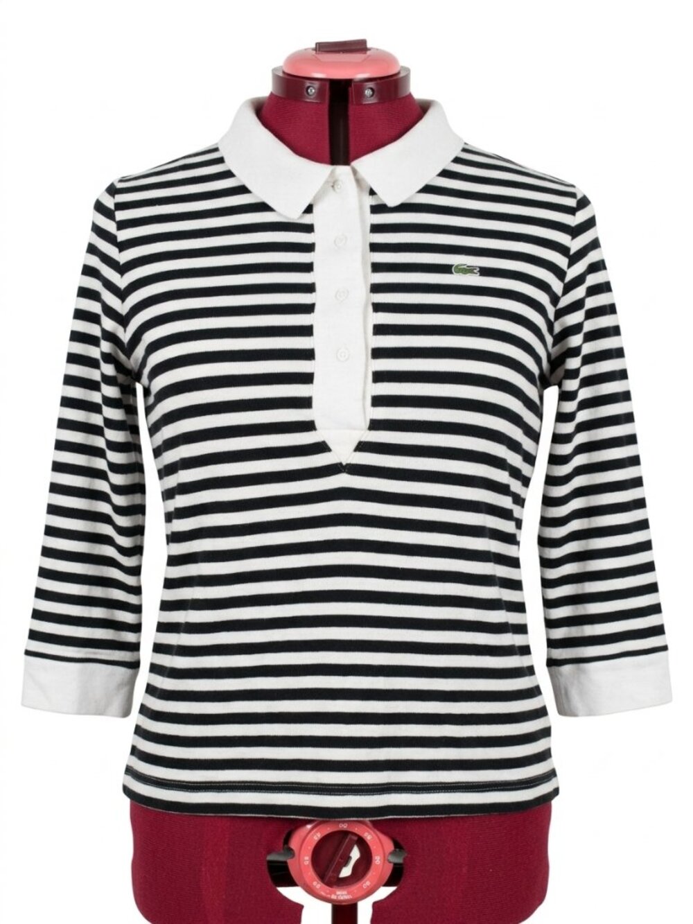 LACOSTE - Black and White Striped Polo Shirt - Size 44